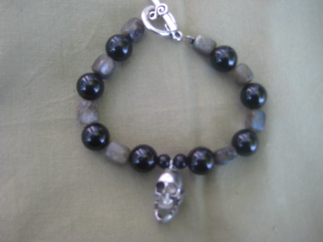 Obsidian and Agate with skull Charm Bracelet grounding, cleansing of negativity 3457